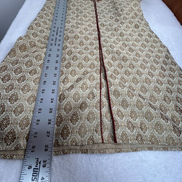 Ethnic Neu-ron Mens Beige Sherwani Traditional Indian Wedding Outfit Gold Maroon - Picture 6 of 8